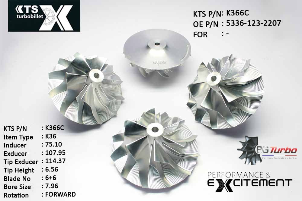 Turbo ROUE FORGÉE MFS PERFORMANCE - 6+6 PALES - INDUCER : 75,1 - EXDUCER : 107,95 - TYPE : K36ANGLE : 60° - ROTATION : Forward - SUPER BACK : 6,01 - BORE SIZE : 7,96
